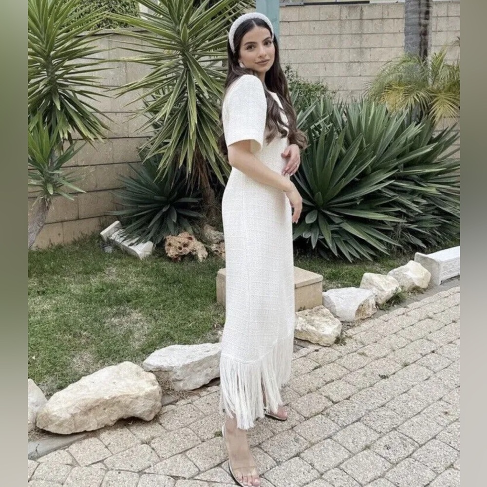 Zara L Maxi Off White Ivory Textured Weave Tweed Fringe Dress Blogger favorite - Picture 6 of 16